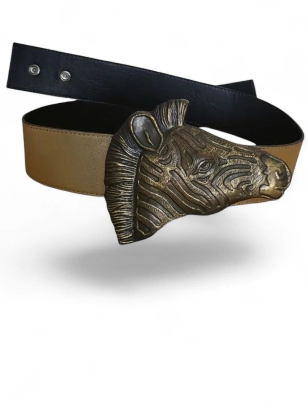 Vintage 80s Gold Lamé Wrap Belt with Brass Zebra Head Buckle – 37” Length